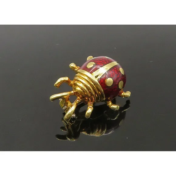 18K GOLD - Vintage Shiny Enamel Lady Bug Motif Brooch Pin - GB072 - Picture 3 of 6